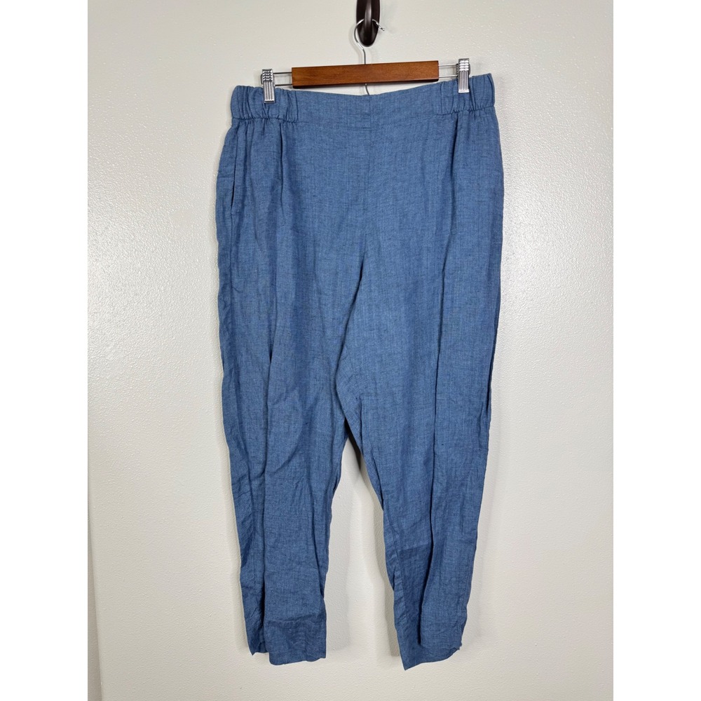 FLAX Blue 100% Linen Elastic Waist Tapered Leg Pants Womens Medium Lithuania